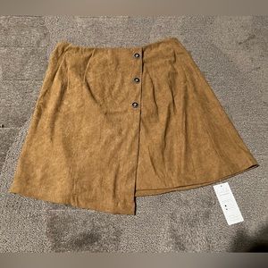 Medium Brown Corduroy Mock-Wrap Asymetrical Button Mini Skirt Hidden Zipper Soft